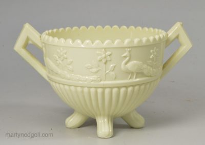 Sowerby Queen's Ivory glass two handled pot, circa 1878