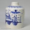Pearlware pottery tea canister, painted in blue under the glaze, circa 1800