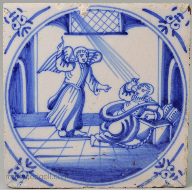 Dutch Delft Biblical tile "An Angel appears to Peter in chains", circa 1750