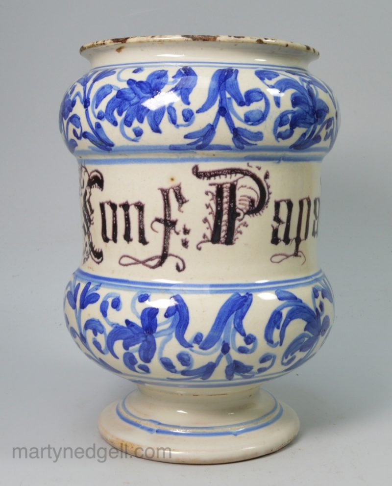 Italian tin glazed albarello, Savona, circa 1750