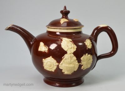 Astbury Whieldon type red ware teapot decorated with applied pipe clay floral sprigs, circa 1750