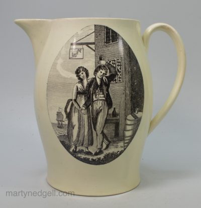 Creamware pottery jug printed with a sailor and his lass outside the Anchor Arms, circa 1790
