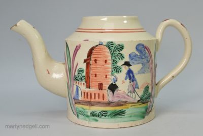 English creamware teapot decorated with overglaze enamels in Holland, circa 1780