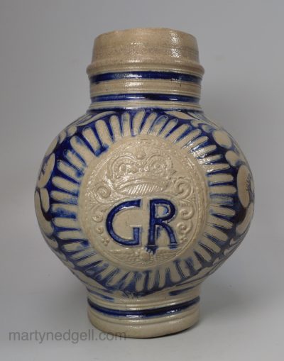 Westerwald saltglaze stoneware "GR" jug, circa 1720