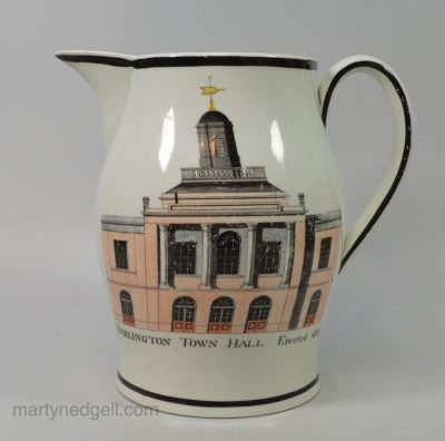 Pearlware pottery jug commemorating the building of Darlington Town Hall in 1808