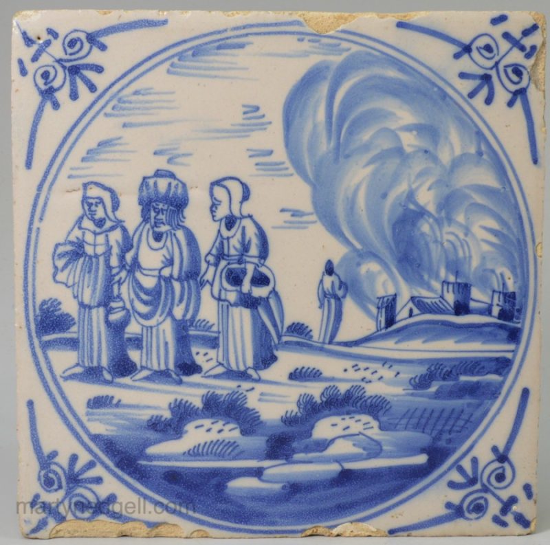 Dutch Delft biblical tile "Lot and his daughter with Sodom & Gomorrah burning", circa 1750