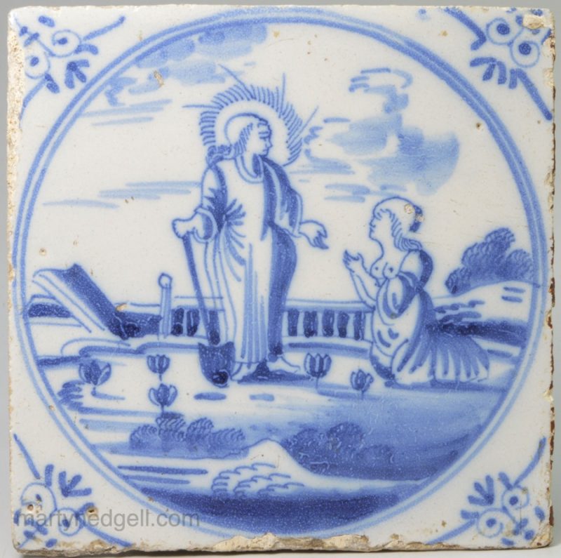 Dutch Delft biblical tile "Jesus appears to Mary Magdalene", circa 1750