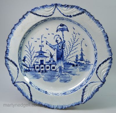 Pearlware pottery shell edge plate decorated in blue under the glaze, circa 1790