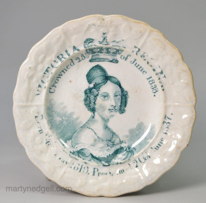 Small pearlware pottery plate commemorating the coronation of Queen Victoria, circa 1838