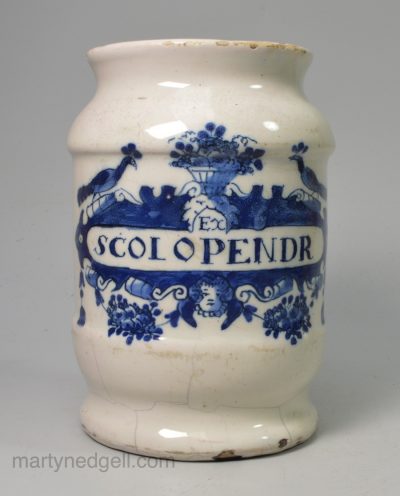 Small Dutch Delft apothecary jar EX. SCOLOPENDR, circa 1750