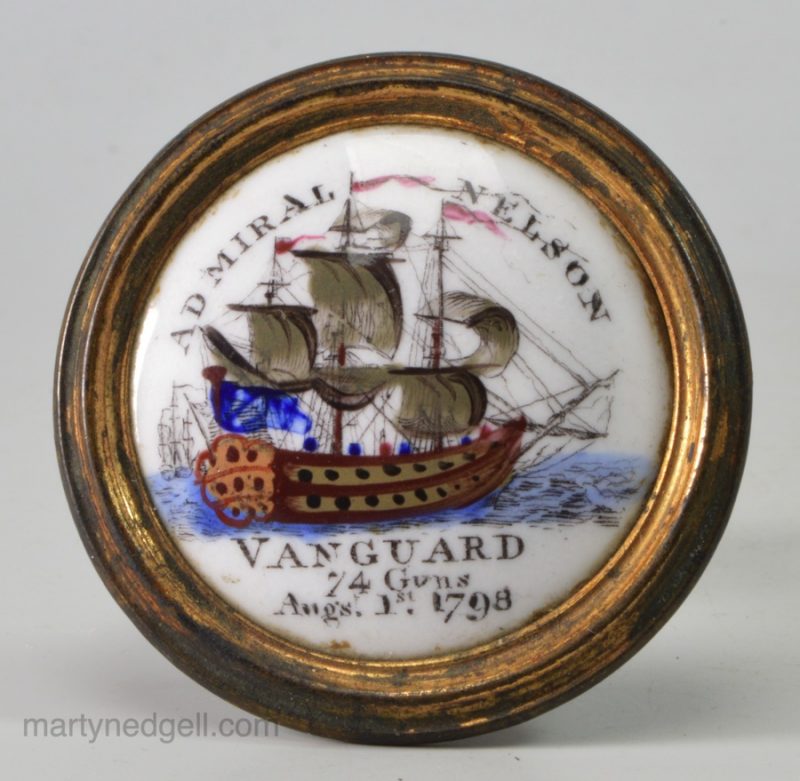 Commemorative Bilson enamel cloak pin, circa 1798 "Admiral Nelson, Vanguard 74 Guns August 1st 1798"