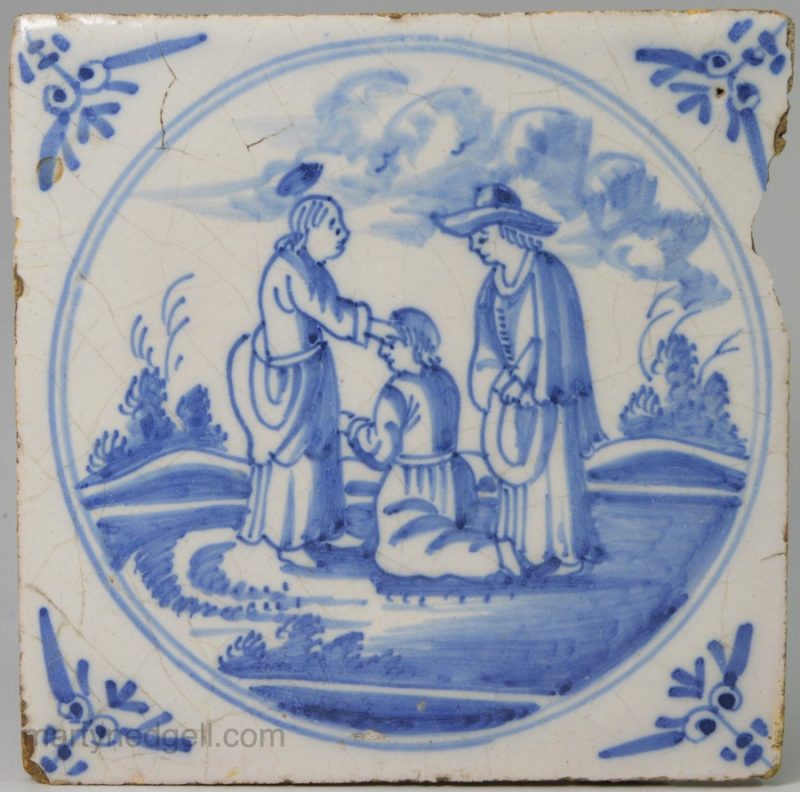 Dutch Delft biblical tile "Christ heals a woman with an issue of blood", circa 1750
