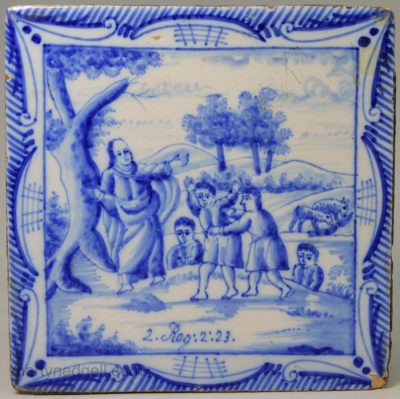 Dutch Delft biblical tile, "The mocking of Elisha", circa 1800