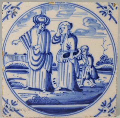 Dutch Delft biblical tile "Abraham casts out bondwoman", circa 1750