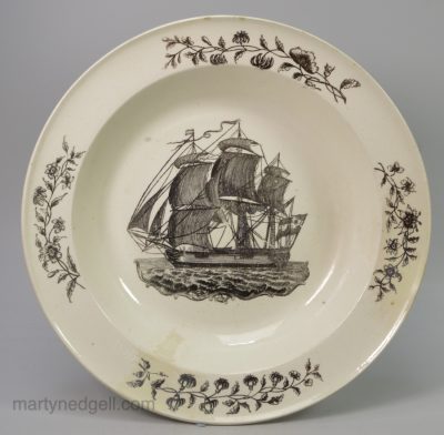 Herculaneum creamware pottery soup plate printed with a ship, circa 1805