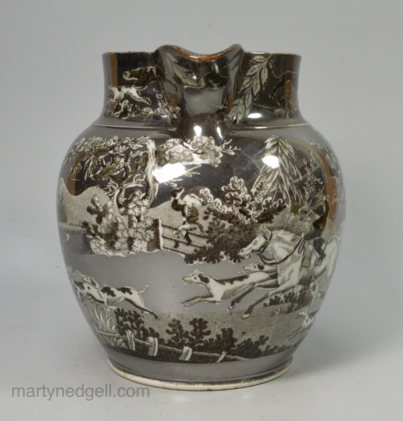 Pearlware pottery jug decorated with grey transfer print and silver resist lustre, circa 1820
