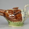 Pearlware pottery zoomorphic sauce tureen and stand, decorated with colours under the glaze, circa 1790