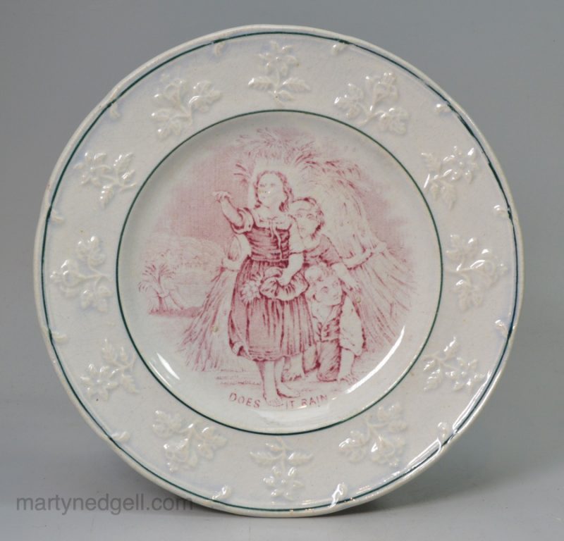 Pearlware pottery child's plate, "DOES IT RAIN", circa 1840