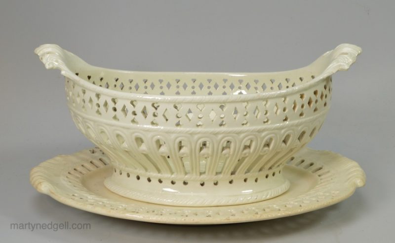 Creamware pottery pierced basket and stand, circa 1790