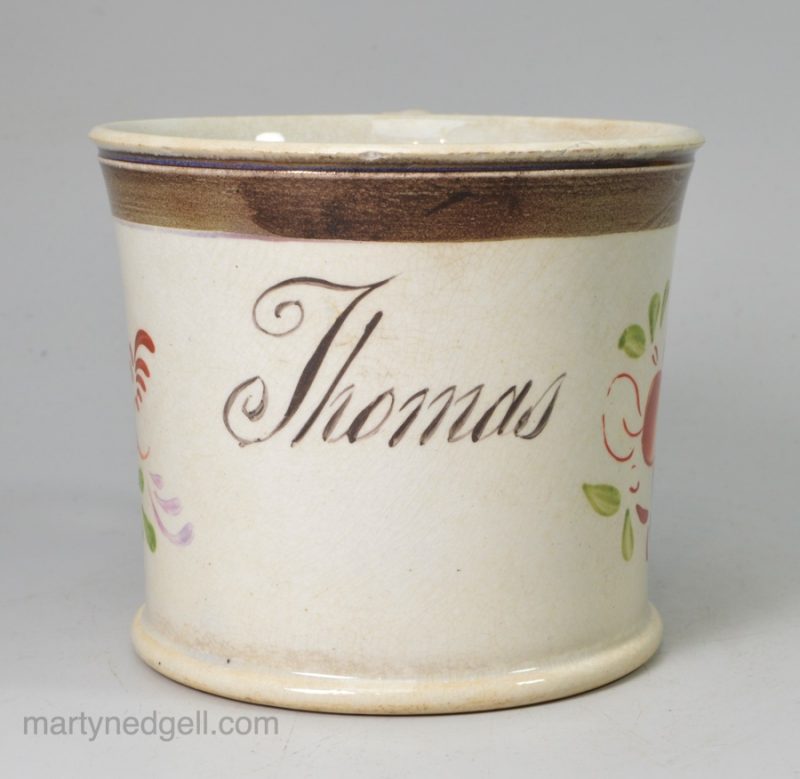 Pearlware pottery child's mug "Thomas", circa 1840