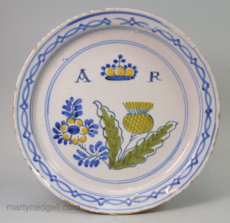 London delft plate commemorating Queen Anne and the Act of Union in 1707