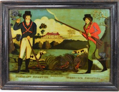 Reverse print on glass "PHEASANT SHOOTING""WOODCOCK SHOOTING" painted by D. Gerolimo, circa 1810