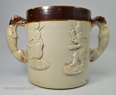 Large Derbyshire saltglaze stoneware loving cup with a sprig of Paul Pry, circa 1840