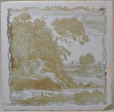 Liverpool Delft tile decorated with an Æsop's fable Sadler print "The Deer and the Lion", circa 1770