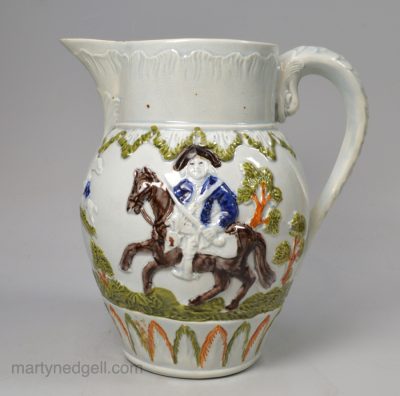 Prattware pottery jug moulded with The Duke of Cumberland and Hercules slaying the Hydra, circa 1800