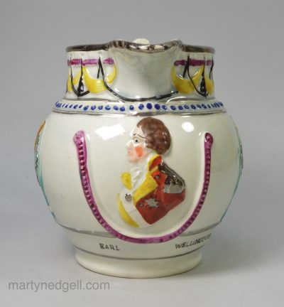 Pearlware pottery commemorative jug Earl Wellington, circa 1812