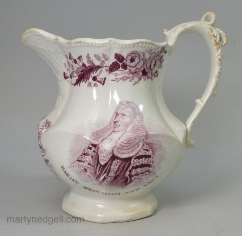 Pearlware pottery REFORM jug with prints of Earl Grey and Brougham, circa 1830