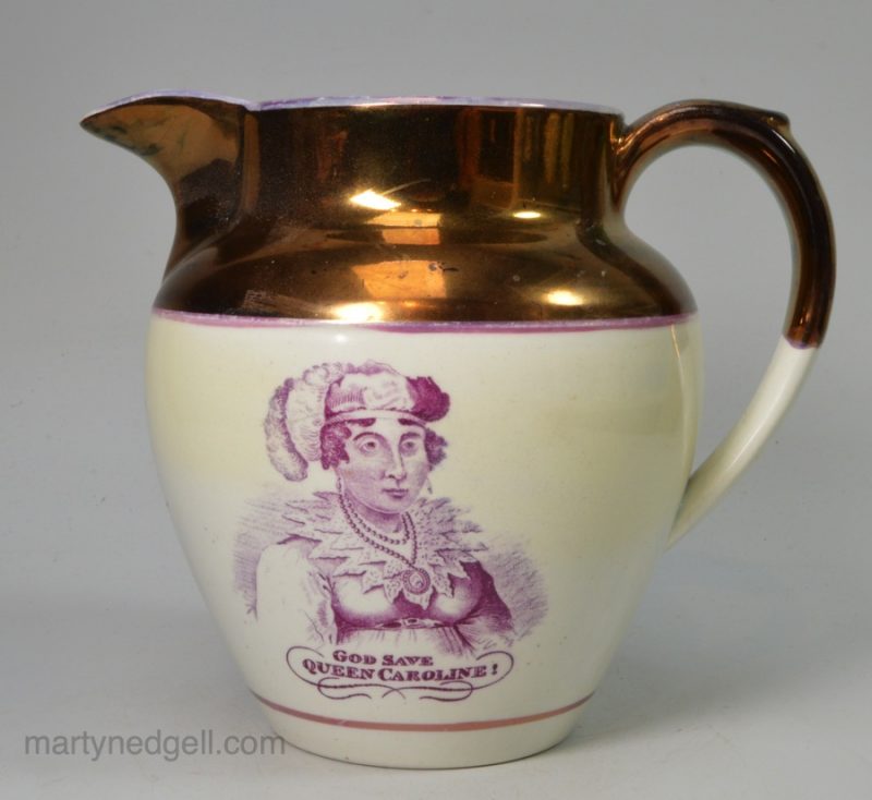 Pearlware pottery commemorative jug Queen Caroline and the Green Bag, circa 1820