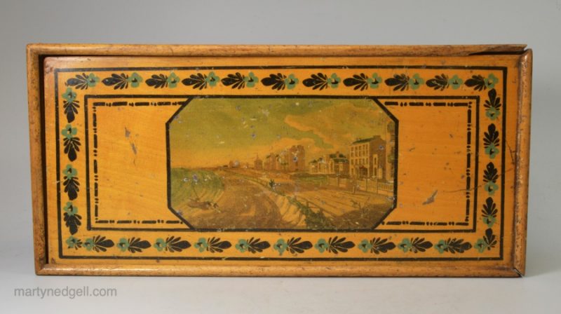 Tunbridgeware glove box decorated with a coloured print of Hasings, circa 1840