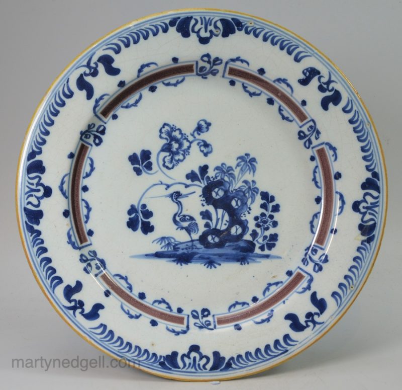 Liverpool delft plate decorated in blue and manganese, circa 1750