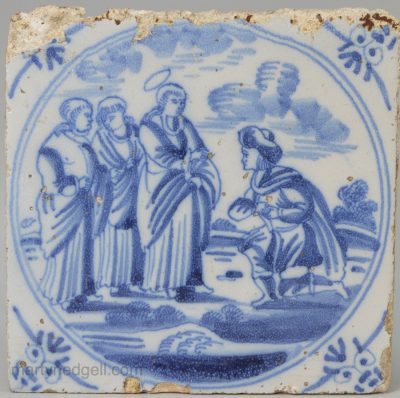 Dutch Delft Biblical tile, "A Centurion asking Jesus to heal a servant", circa 1750