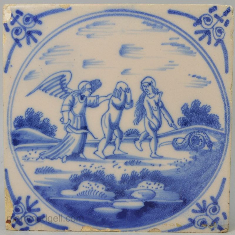 Dutch Delft Biblical tile, "Adam and Eve caste out from Eden", circa 1750