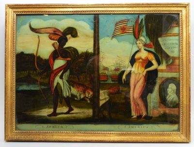 Reverse print on glass "AFRICA" and "AMERICA", publ. May 28th 1806 by I Hinton, 44 Wells St., Oxford St., London