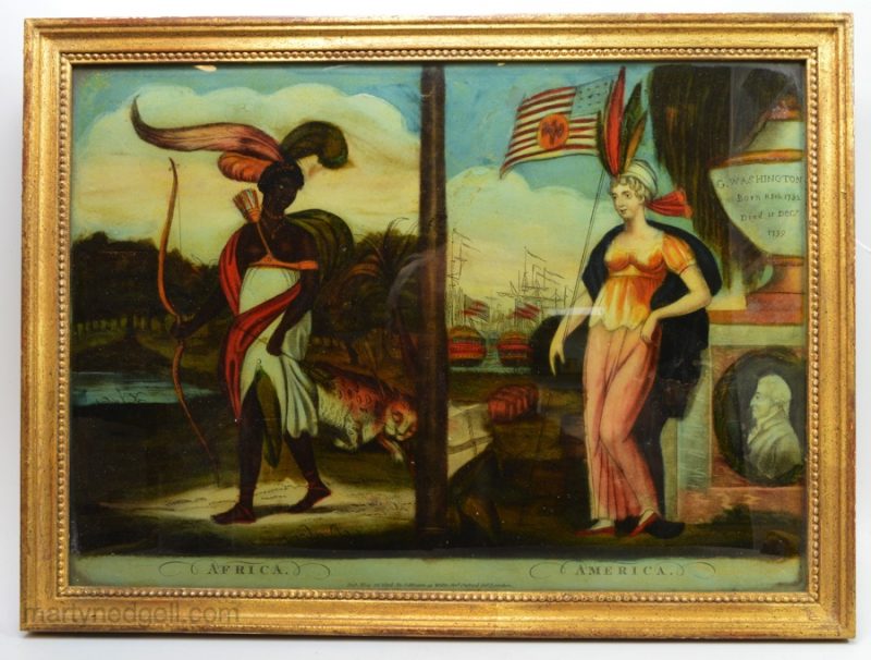 Reverse print on glass "AFRICA" and "AMERICA", publ. May 28th 1806 by I Hinton, 44 Wells St., Oxford St., London