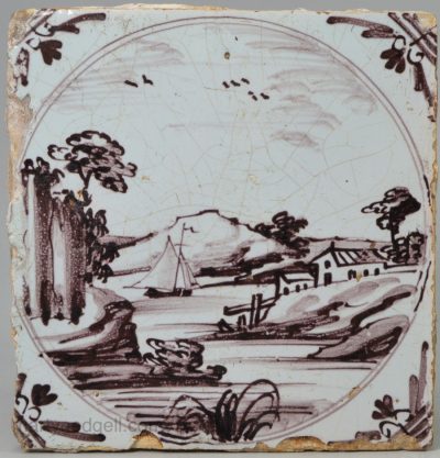 London delft manganese tile, circa 1750