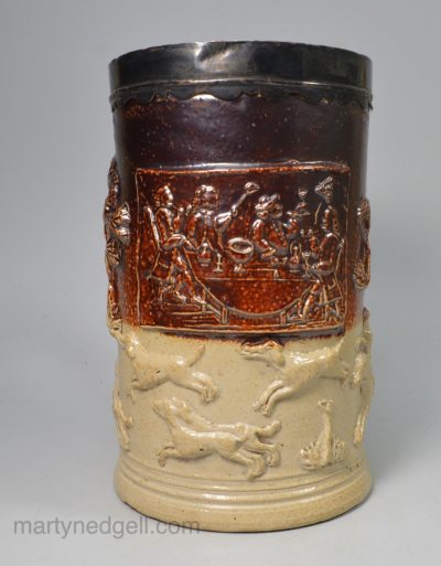 Mortlake saltglaze stoneware tankard with a panel moulded with A Midnight Modern Conversation, circa 1780