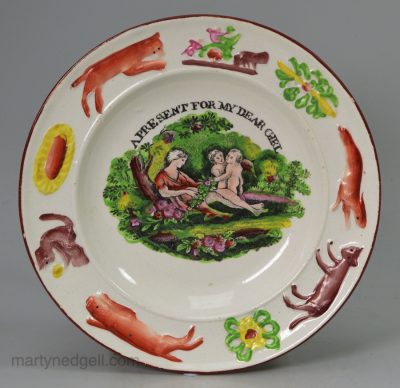 Pearlware pottery child's plate "A PRESENT FOR MY DEAR GIRL", circa 1820