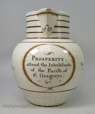 Pearlware pottery jug made for the Parish of St. Gregory, circa 1800