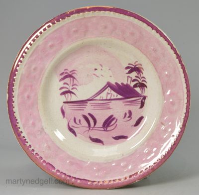 Pearlware pottery child's plate decorated with pink lustre, circa 1840