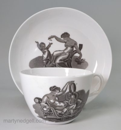 English porcelain cup and saucer with Adam Buck style prints, circa 1820