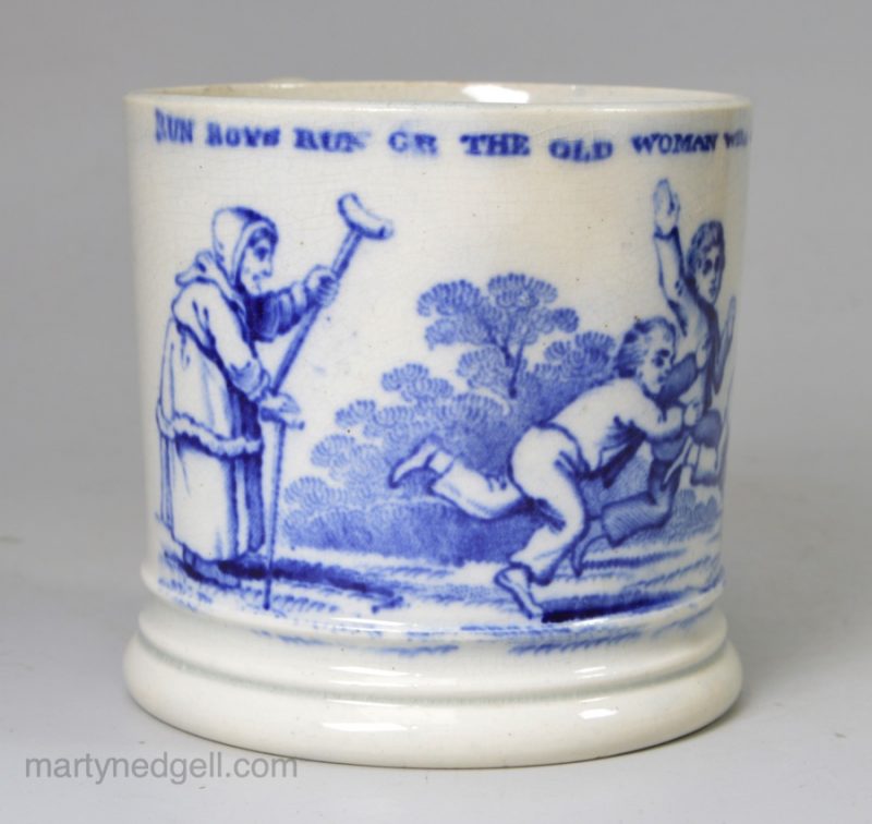 Pearlware pottery child's mug "RUN BOYS RUN OR THE OLD WOMAN WILL CATCH YOU", circa 1830