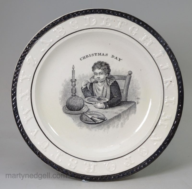 Pearlware pottery child's alphabet plate "CHRISTMAS DAY", circa 1830