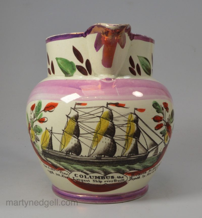Sunderland creamware pottery jug decorated with a print of "The Largest Ship ever Built, COLUMBUS", circa 1825