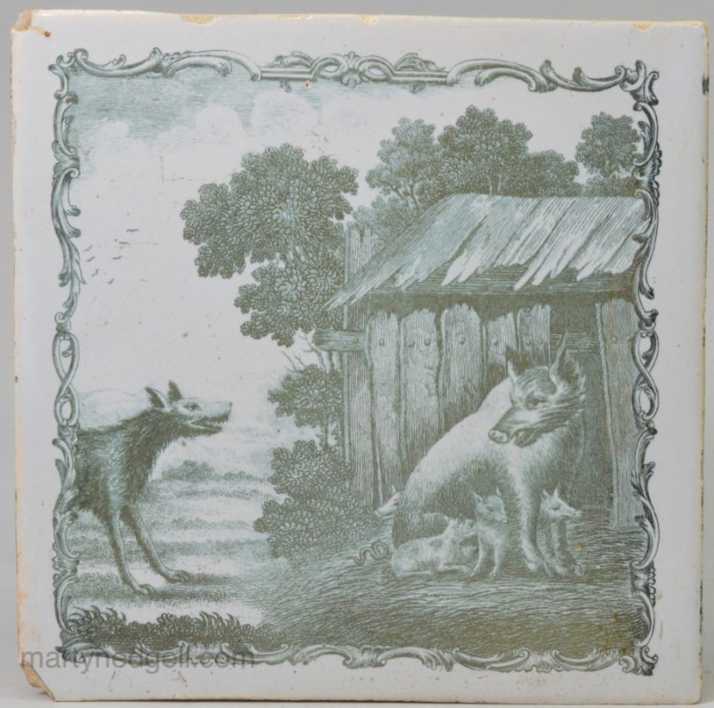 Liverpool delft tile decorated with a Sadler print "The Sow and the Wolf' an Æsop's Fable, circa 1770