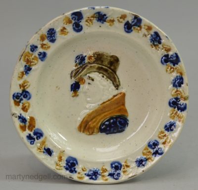 Small prattware commemorative plate, Queen Caroline, circa 1821