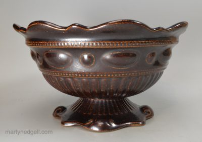 Derbyshire dark brown saltglaze stoneware footed bowl, circa 1860